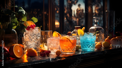 Close-up of Silvester cocktail bar with drinks and shimmering backdrop