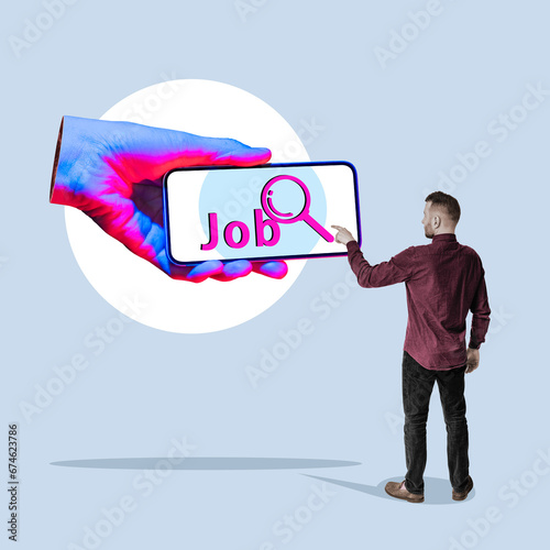 Finding a job using online services. Art collage.