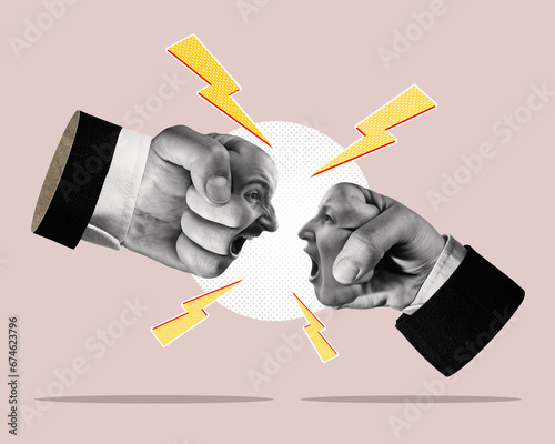 A battle of opinions between a man and a woman. Art collage.