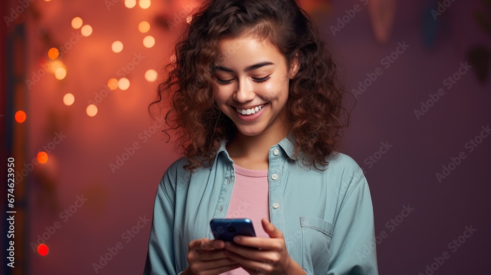 Happy smiling charming woman uses mobile happy texting in social media, social network, modern technology online communication Happy smiling charming woman uses mobile happy texting in social media, social network, modern technology online communication