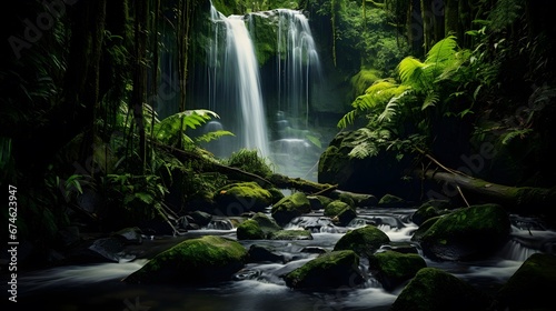Panoramic view of a waterfall in a tropical rainforest. © Iman