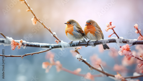 Two bullfinches sitting on a branch in winter photo