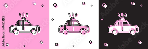 Set Police car and police flasher icon isolated on pink and white, black background. Emergency flashing siren. Vector