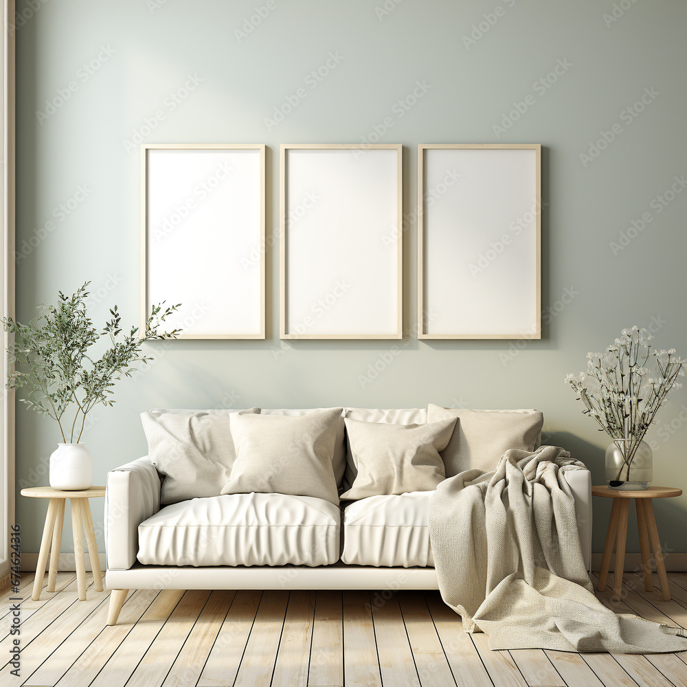 Naklejka premium living room interior design model, three wooden frames on the wall, scandinavian style interior design, 3d render