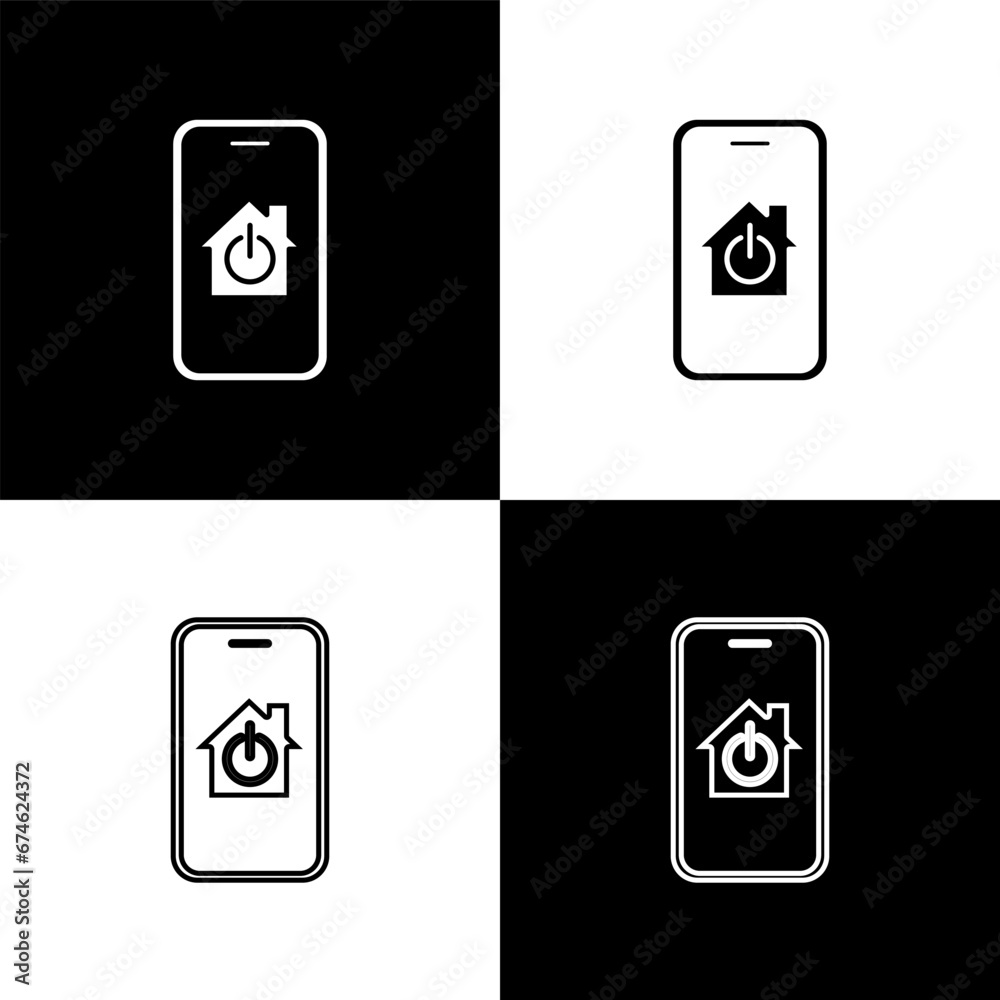 Set Mobile phone with smart home icon isolated on black and white background. Remote control. Vector