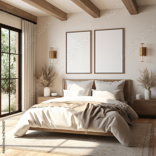 Set of 2 wooden frame model, Scandinavian style bedroom, stylish and elegant decors, 3D,