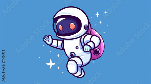 Cute astronaut riding a rocket and waving hand cartoon icon illustration on a blue background 