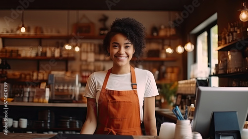 Female Asian coffee shop small business owner wearing apron standing in open sign front of counter performing stock check. afro hair employee Barista entrepreneur. photo