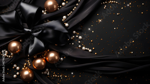 Elegant black celebration background with velvet and pearls