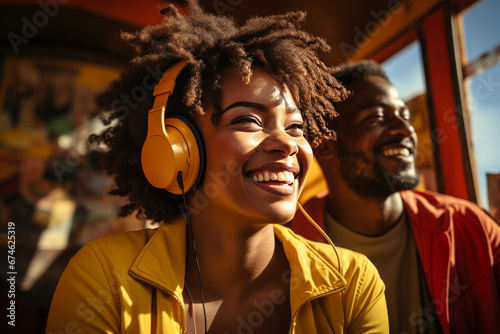 Close up of cheerful African American couple in yellow jackets enjoying favorite playlist in headphones. Happy smiling young people listening to music or podcast in app, having fun and laughing.