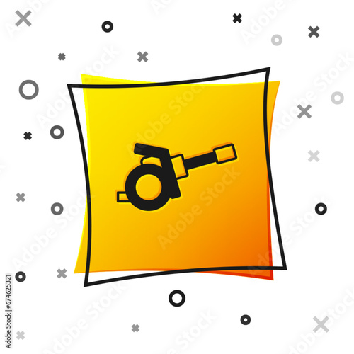 Black Howitzer icon isolated on white background. Shooting from a gun. Artillery. Yellow square button. Vector