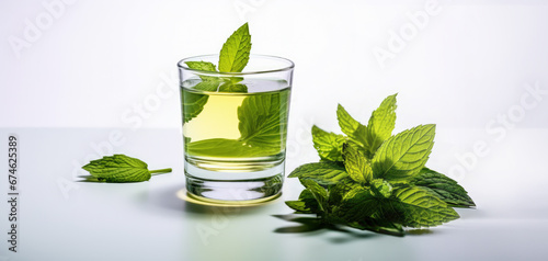 A healthy mint tea or drink on white classic background, generative ai.