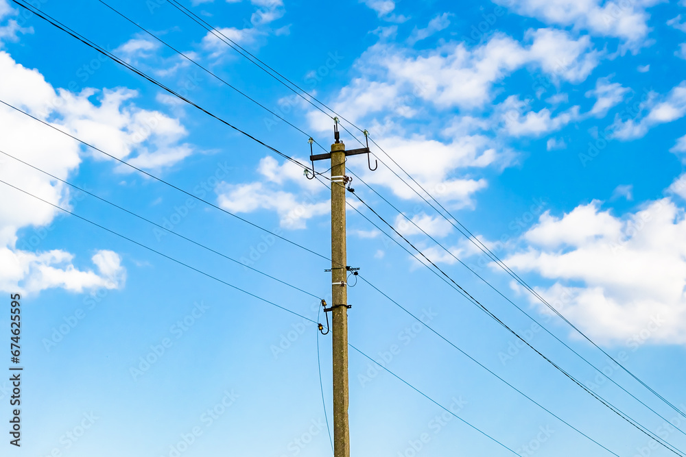 Power electric pole with line wire on colored background close up Power electric pole with line wire on colored background close up
