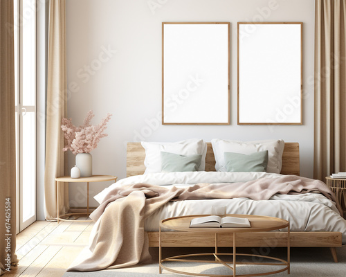 Set of 2 frame mockup in scandinavian style bedroom, for wall art, hollow frame, 3d render