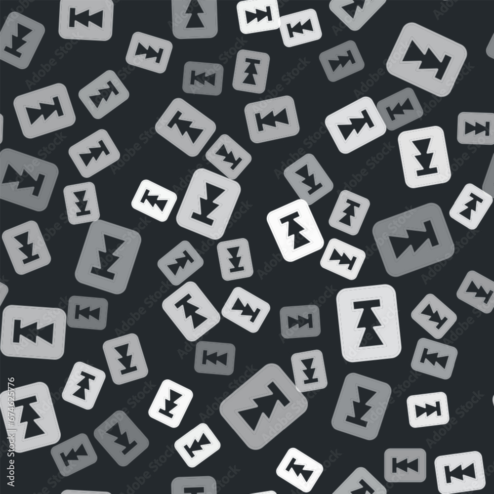Grey Rewind button icon isolated seamless pattern on black background. Vector