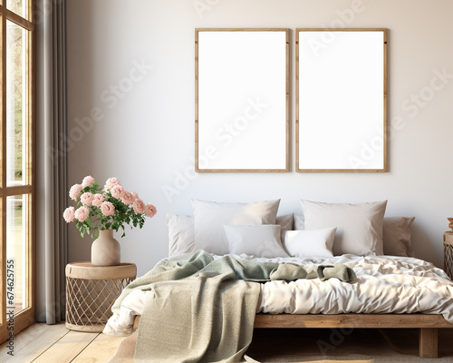 Two empty vertical picture frames on light gray wall in modern bedroom. Scandinavian, boho style interior,3d render