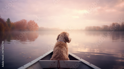 chien assis à l'avant d'une barque en train de flotter sur un lac à l'aube