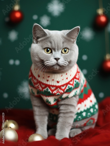 Cat in Christmas ugly sweater. Christmas gift, festive mood