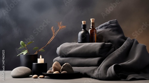 Spa composition with spa stones, towels, candles and bottles of oils. Spa items on a gray marble table, gray background. Relaxation and health concept