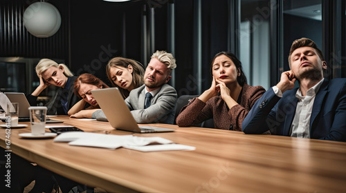 Group of business people exhausted from hard work and overworking so they falling asleep on the table while their boss shrugging shoulders to make don't know gesture during meeting in conference room photo