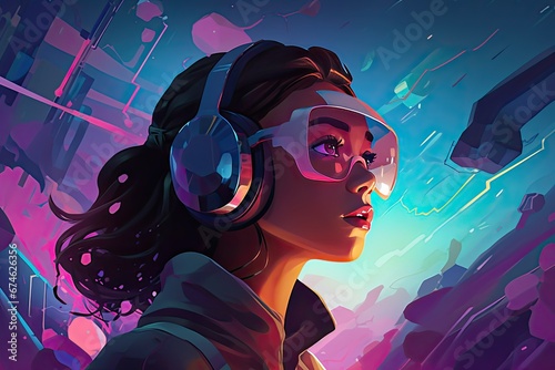 VR virtual reality glasses on beautiful girl, illustration. Generative AI