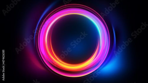 3d render, blue pink yellow neon glow round frame, circle, ring shape, empty space, ultraviolet light, 80's retro style, fashion show stage, glowing abstract background. Generative AI.