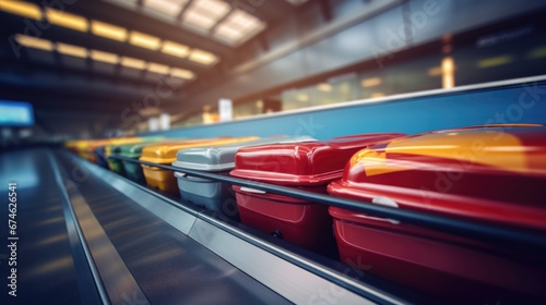 Close-up of several suitcases moving smoothly along an airport conveyor belt. Delivery and automation concept