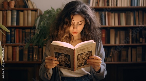 Youg woman reading book at library, bookstore while buying some good literature, read books to broaden your knowledge