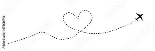 Heart formed by a travel path of dashed lines. Vector illustration of a traveling plane. Love travel concept. Airplane line path icon
