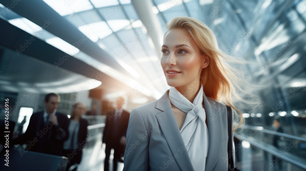 Beautiful business woman at the airport waiting for her flight. Blur the movement of people passing by and the background Beautiful business woman at the airport waiting for her flight. Blur the movement of people passing by and the background
