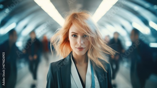 Beautiful business woman at the airport waiting for her flight. Blur the movement of people passing by and the background