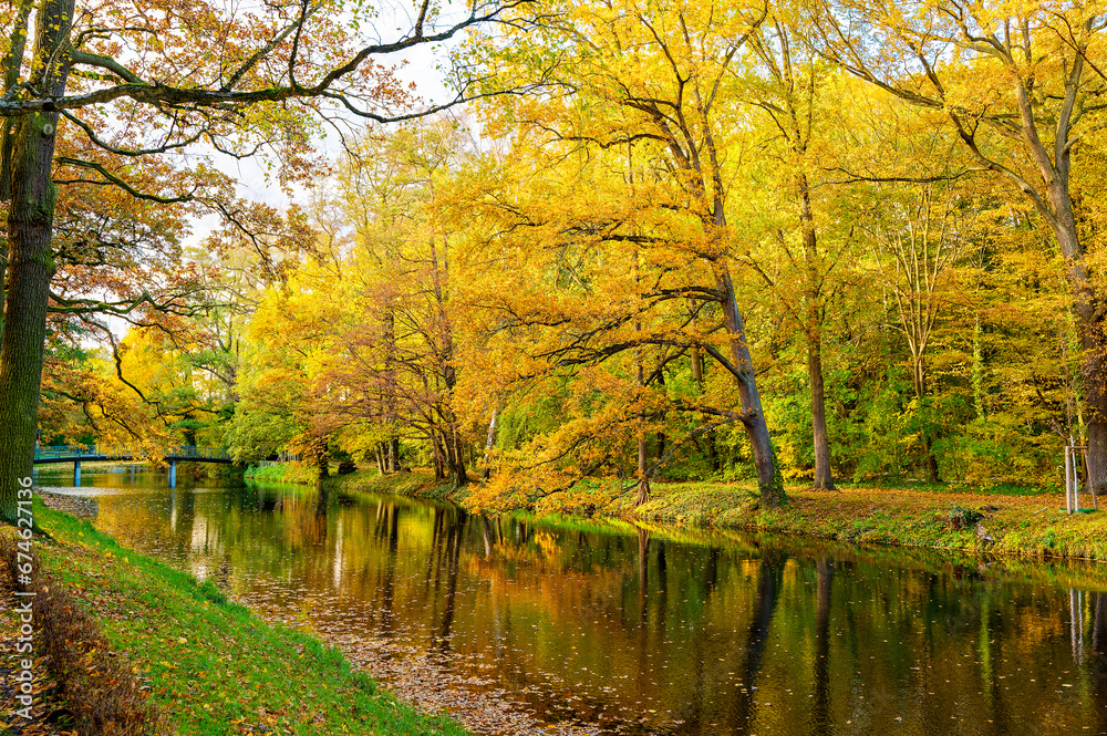 Sunny autumn mood at a small creek in Berlin, Germany.
