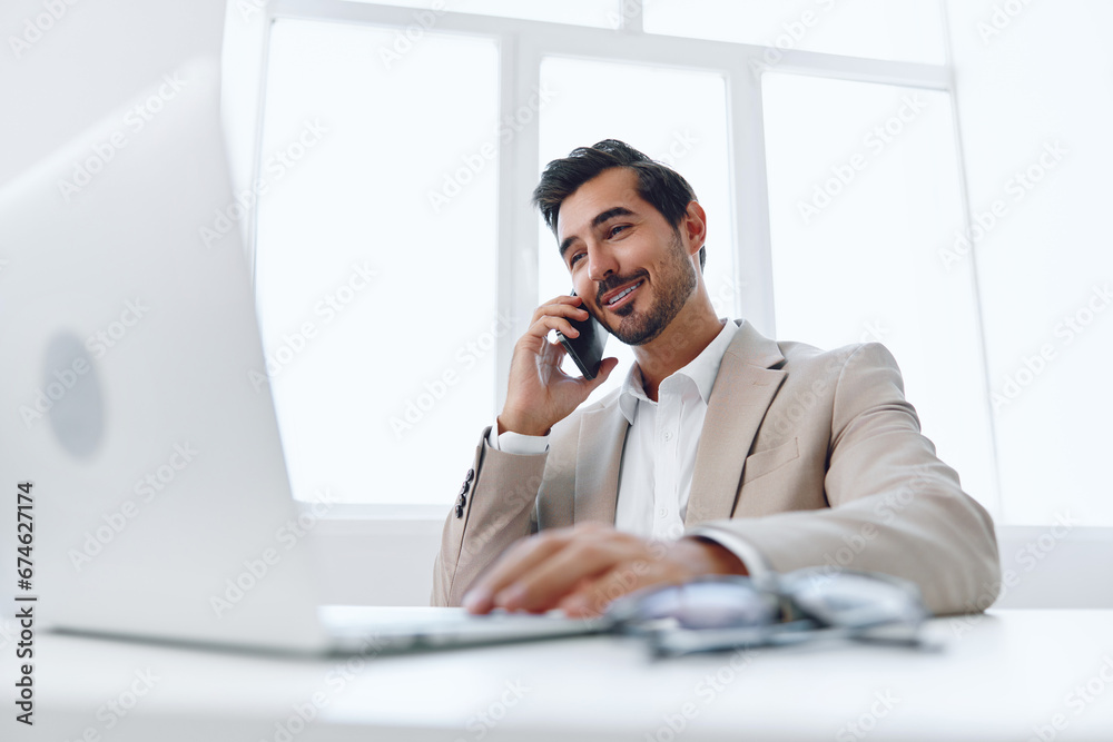 Phone man office laptop smile winner male computer businessman phone mobile talk successful smart happy Phone man office laptop smile winner male computer businessman phone mobile talk successful smart happy