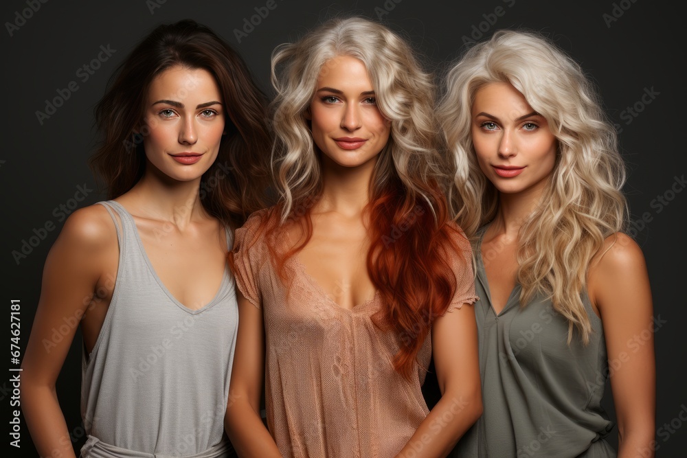 Half-length studio portrait of three charming young Caucasian women. Female models with diverse hair colors smiling at camera while posing together. Diversity, beauty concept. Grey background.