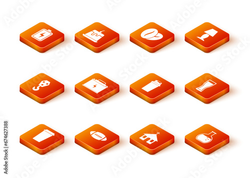 Set Coffee cup, American Football ball, Industrial hook, Car battery, Church building and Fitness shaker icon. Vector