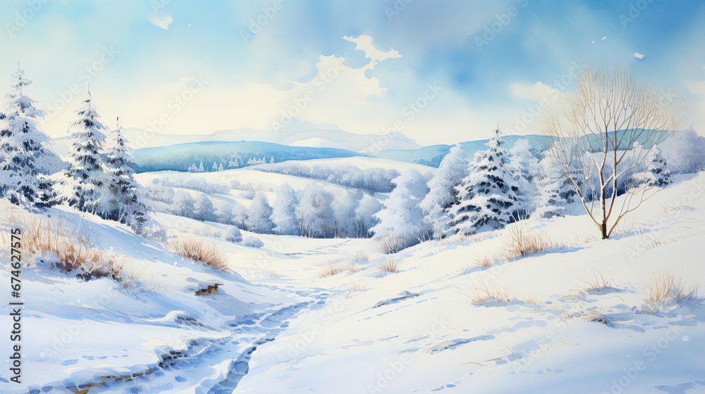 Fototapeta premium Watercolor landscape, snowy landscape on a sunny day.
