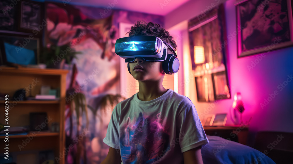 A child wearing VR headset, stands in living room, enjoying a virtual reality experience with joy. Concept of future and tech. Ai generative A child wearing VR headset, stands in living room, enjoying a virtual reality experience with joy. Concept of future and tech. Ai generative