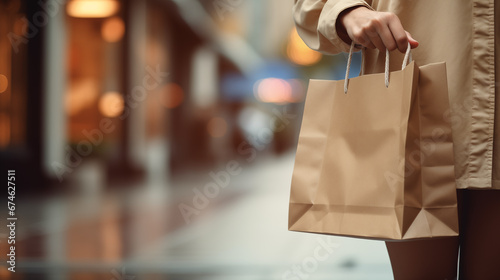 Woman with shopping package in the city. Paper bag. Sale in store. Beautiful happy young woman after shop. Lady buy present. Black friday sale. Holiday special offer, discount. Generated AI photo