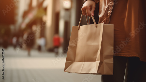 Woman with shopping package in the city. Paper bag. Sale in store. Beautiful happy young woman after shop. Lady buy present. Black friday sale. Holiday special offer, discount. Generated AI