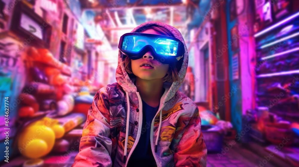 A child wearing VR set, stands in living room, enjoying a virtual reality experience with joy. Concept of future and tech. Ai generative A child wearing VR set, stands in living room, enjoying a virtual reality experience with joy. Concept of future and tech. Ai generative