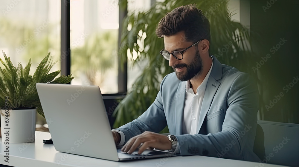 Modern Office Businessman Working on Computer. Portrait of Successful Latin IT Software Engineer Working on a Laptop at his Desk. Diverse Workplace with Professionals. Modern Office Businessman Working on Computer. Portrait of Successful Latin IT Software Engineer Working on a Laptop at his Desk. Diverse Workplace with Professionals.