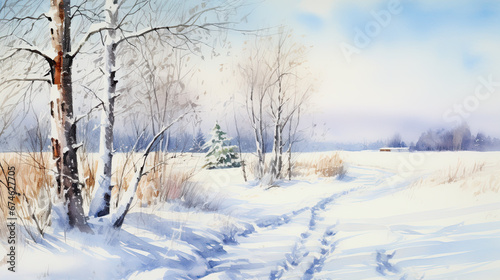 Watercolor landscape, snowy landscape on a sunny day. © Ziyan
