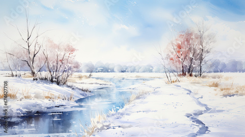 Watercolor landscape  snowy landscape on a sunny day.