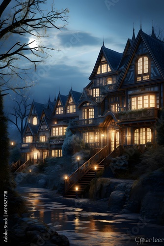 Halloween night scene with haunted house and full moon, 3d rendering
