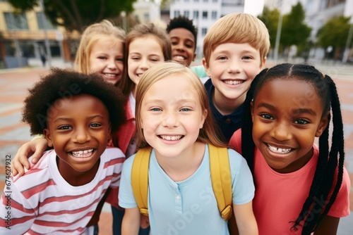 Happy smiling multiethnic kids posing for group portrait in a school yard. Cheerful schoolchildren hugging and looking at camera. Kids of different skin color go to school together. Diversity concept.