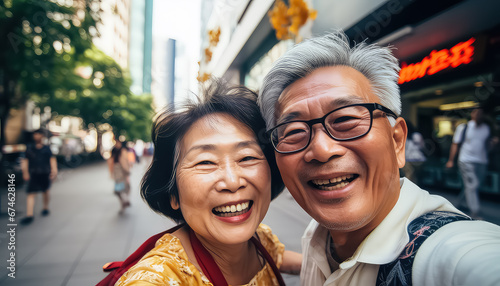 A couple of Asian retirees taking a selfie, the concept of the Chinese New Year