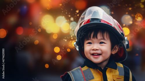 A Asian Boy smiles, imagines to be a firefighter. Orange bokeh background. Future dream profession. Copy space. Ai generative