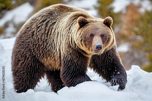 Winter wonderland stroll. Realistic illustration of brown bear in snowy forest edge