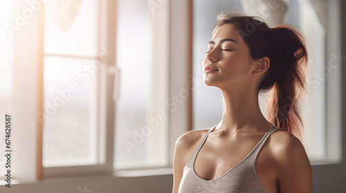 A pretty woman meditates. Girl with closed eyes try to relax. Wears sport wear. Yoga and fitness concept. Sunset or sunrise time. Ai generative.