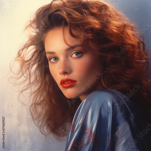 Close-up portrait of a beautiful model. 1985 fashion, style and beauty concept